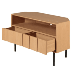 Meuble TV d'angle, avec un espace sans tiroir et deux tiroirs en dessous, pied en métal, en chêne, zago, galerie alréenne auray 56