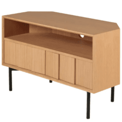 Meuble TV d'angle, avec un espace sans tiroir et deux tiroirs en dessous, pied en métal, en chêne, zago, galerie alréenne auray 56