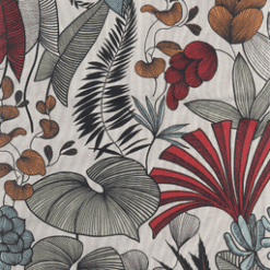 Visuel du motif de la nappe Lombok, Citrouille : feuillage aux nuances de rouge, de orange et de beige sur un fond beige, feuillage avec des contours noirs