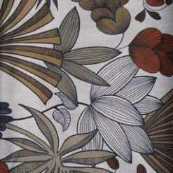 Visuel du motif de la nappe Lombok, Tarmac : feuillage aux nuances de jaune, de rouge et de beige sur un fond beige, feuillage avec des contours noirs