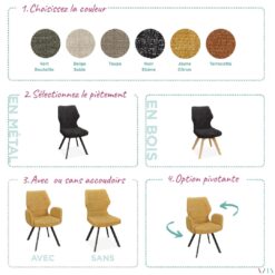 Chaise design, disponible dans de nombreuses couleurs avec ou sans accoudoir. Disponible avec option pivotante